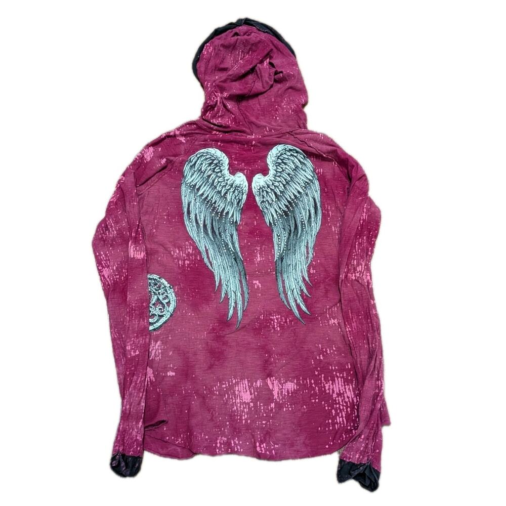 Affliction Womens Long Sleeve Hoodie Tie Dye Wing Rhinestone Cutout XL